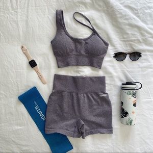 Bo+Tee Asymmetric Sports Bra and Shorts Purple